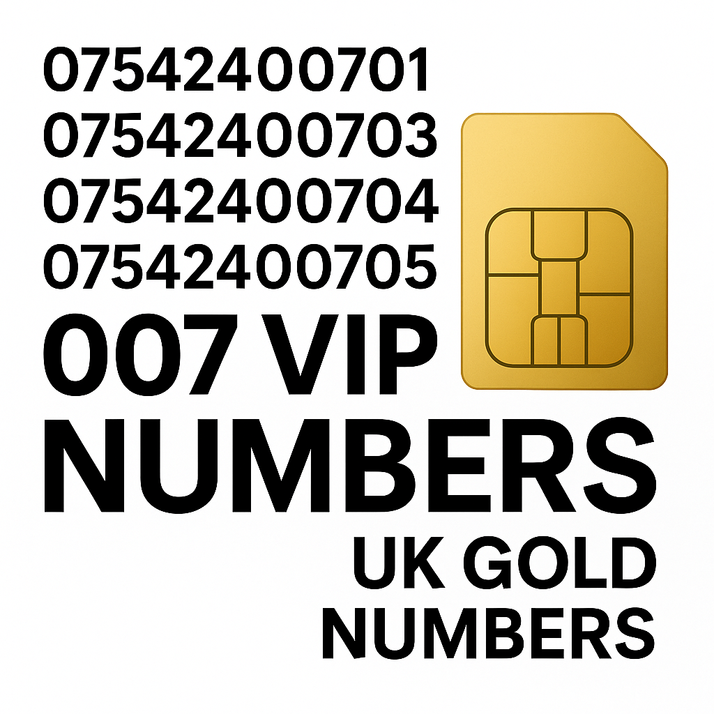 Image showing 007 VIP mobile numbers in bold black text with a gold SIM card on a white background, representing UK gold mobile numbers collection.