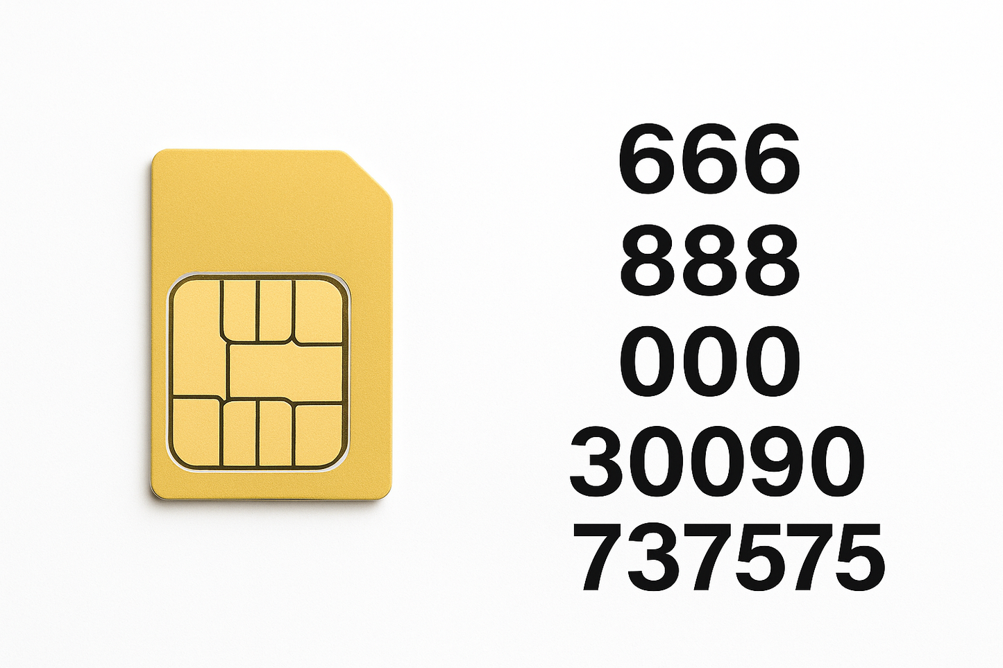 Gold SIM card with white background showing VIP numbers 666, 888, 000, 30090, 737575, and 999 for UK mobile number listing.