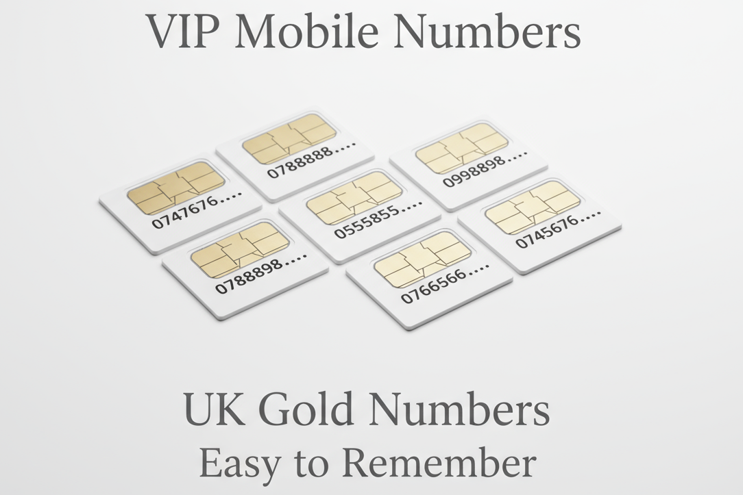 UK SIM card showing partial numbers like 0747676•••, white background. text that says:
“VIP Mobile Numbers | UK Gold Numbers | Easy to Remember