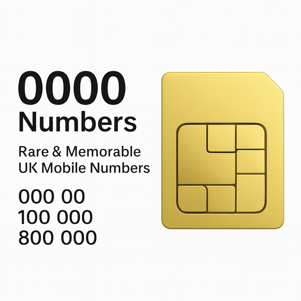 0000 VIP mobile numbers UK collection – exclusive gold SIM card design with rare and memorable repeating number patterns.