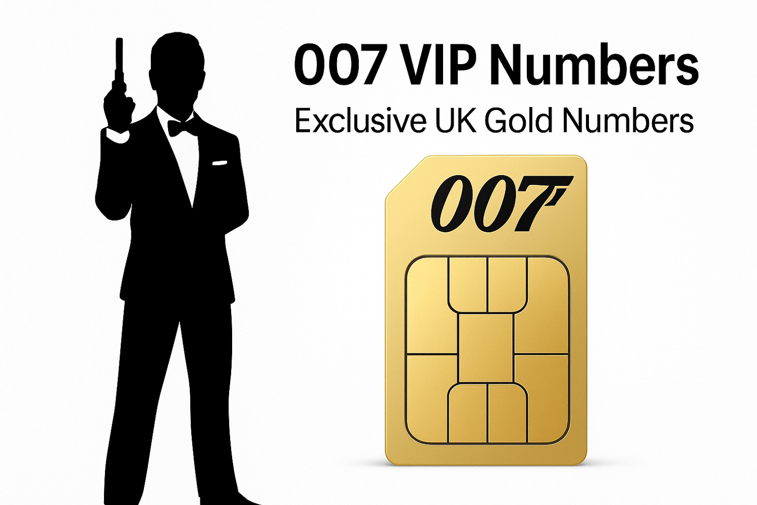 007 VIP mobile numbers UK collection – premium gold SIM card design with unique, spy-inspired and instantly recognizable phone numbers.