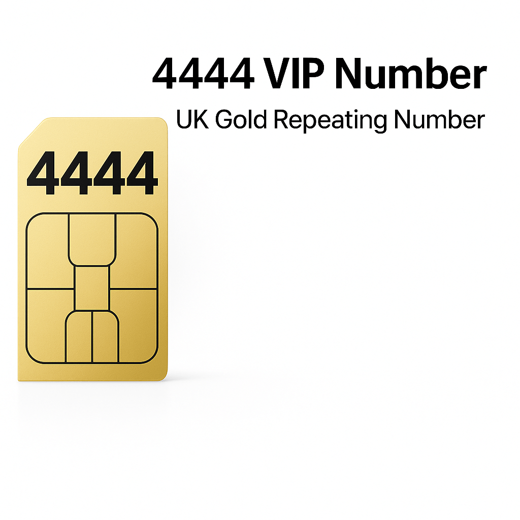 4444 VIP mobile number SIM card with bold UK gold repeating pattern