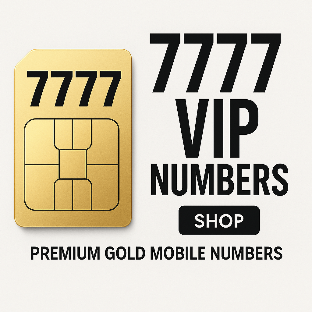 Gold SIM card design with 7777 VIP number – premium UK mobile numbers, bold repeating digits, gold numbers for sale with free UK delivery