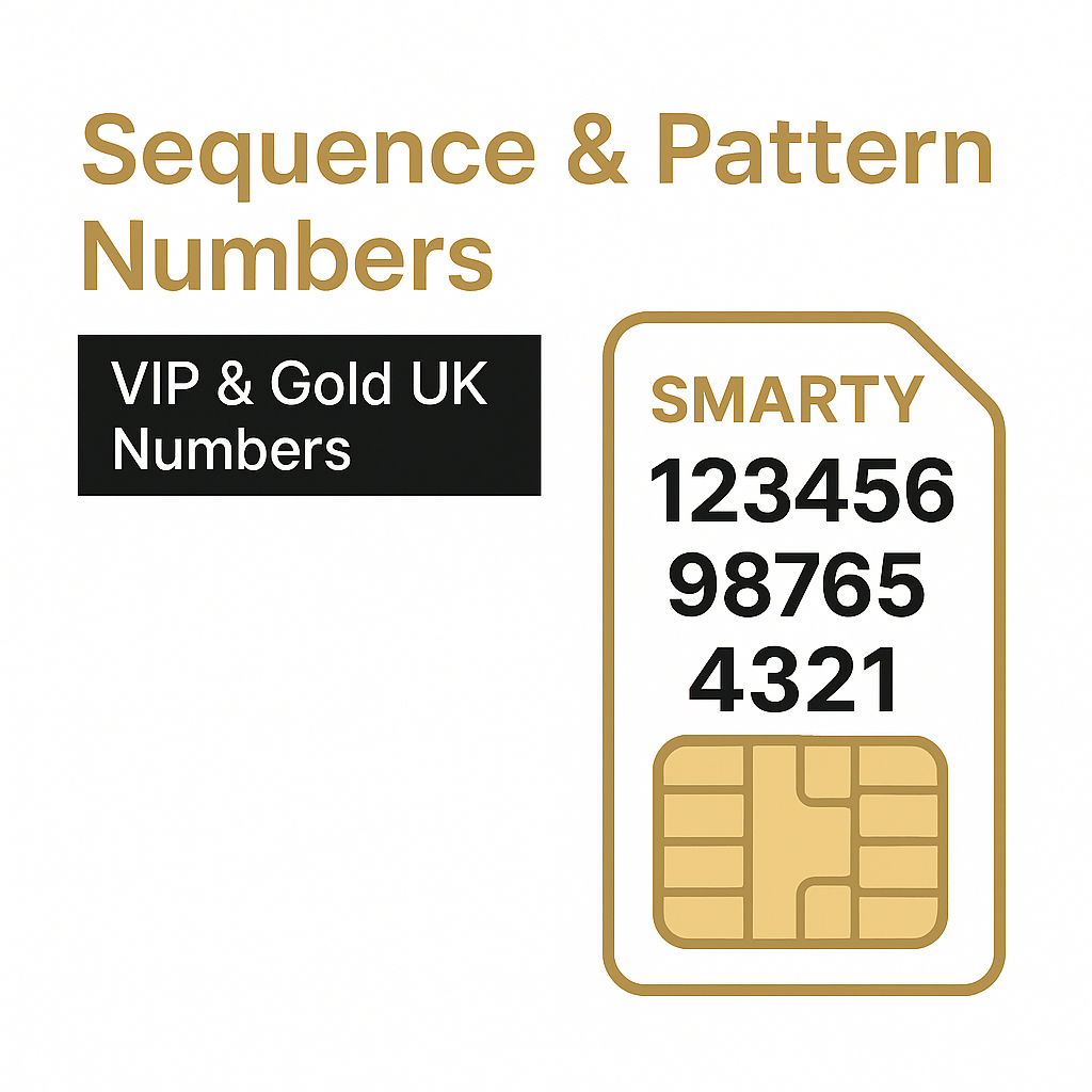Sequence and pattern VIP mobile numbers UK collection – gold SIM card design with examples like 123456, 98765, and 4321. Premium and memorable numbers.