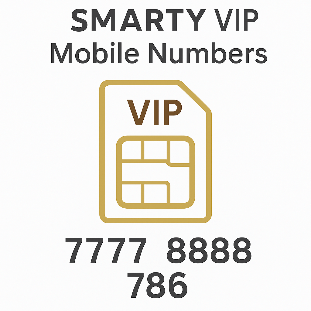 SMARTY VIP mobile numbers UK collection – exclusive gold SIM card design with sample numbers 7777, 8888, and 786. Premium and memorable UK numbers.