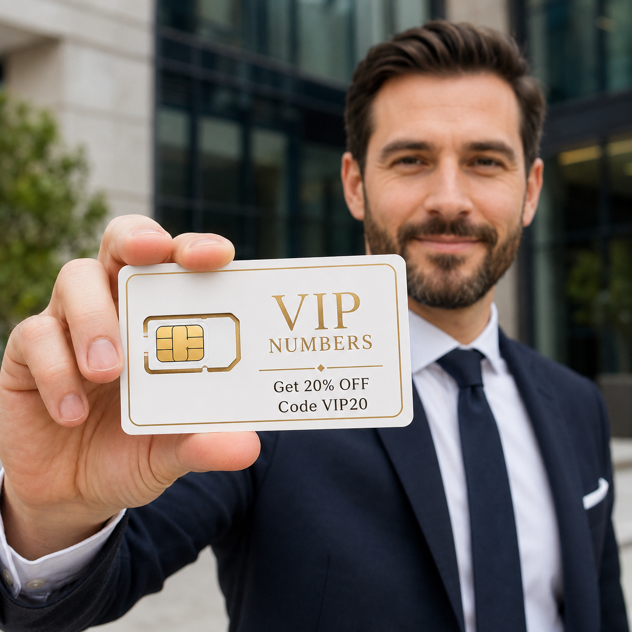 Business man holding a white and gold VIP Numbers SIM card with 20% off code VIP20 outside an office building