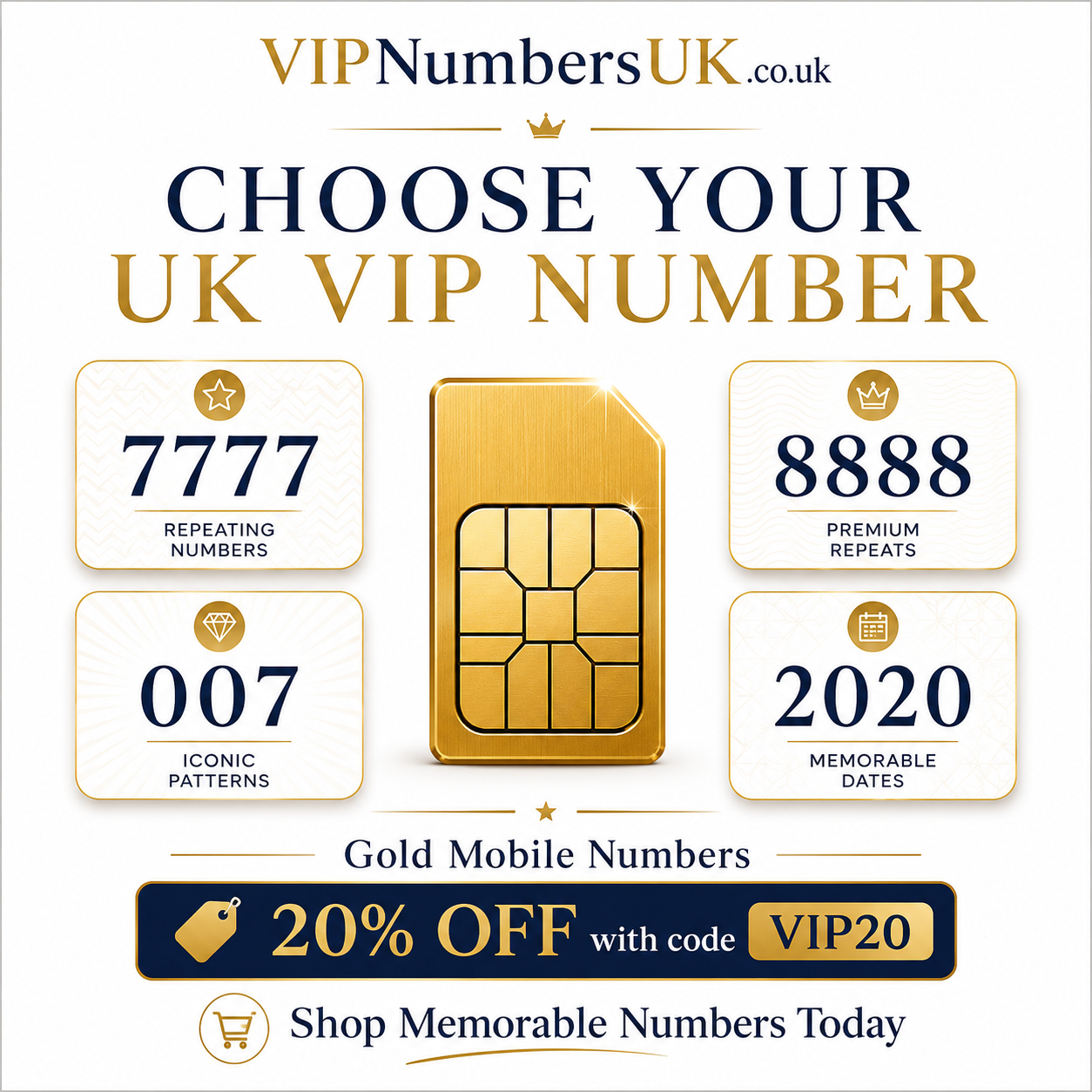 Memorable UK gold numbers with 20% off VIP20 discount and golden SIM card