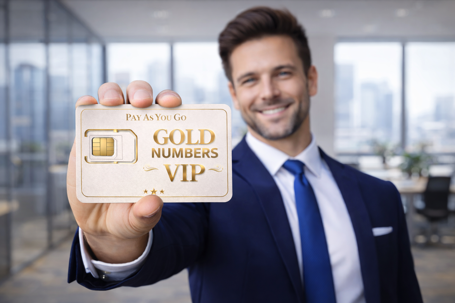 Business professional presenting UK pay as you go gold VIP mobile number SIM card in modern office setting