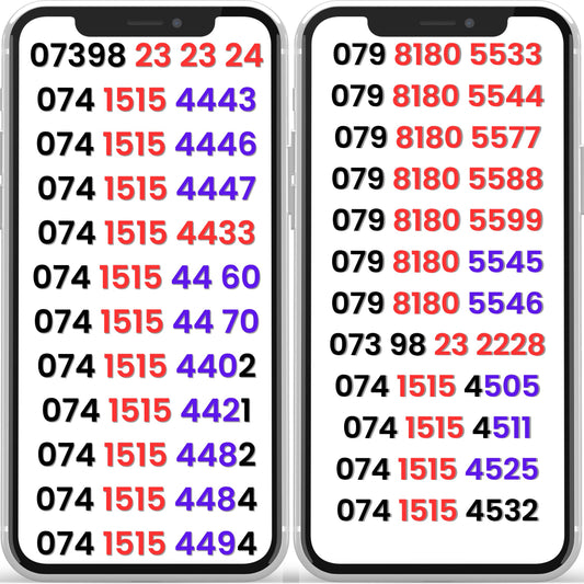 EE gold VIP mobile numbers list displayed on two smartphones showing easy to remember UK mobile number patterns-te