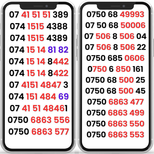 UK gold VIP mobile numbers on EE network displayed on smartphones with unique and memorable phone numbers