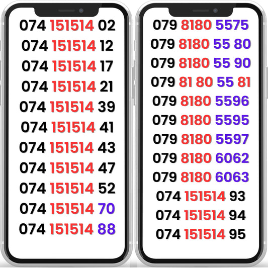 Gold VIP mobile numbers on EE network shown on smartphones with memorable UK mobile number combinations