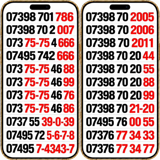 EE VIP mobile numbers displayed in two gold phone frames, with 786, 007, 666, repeating digits and memorable sequences highlighted in red.