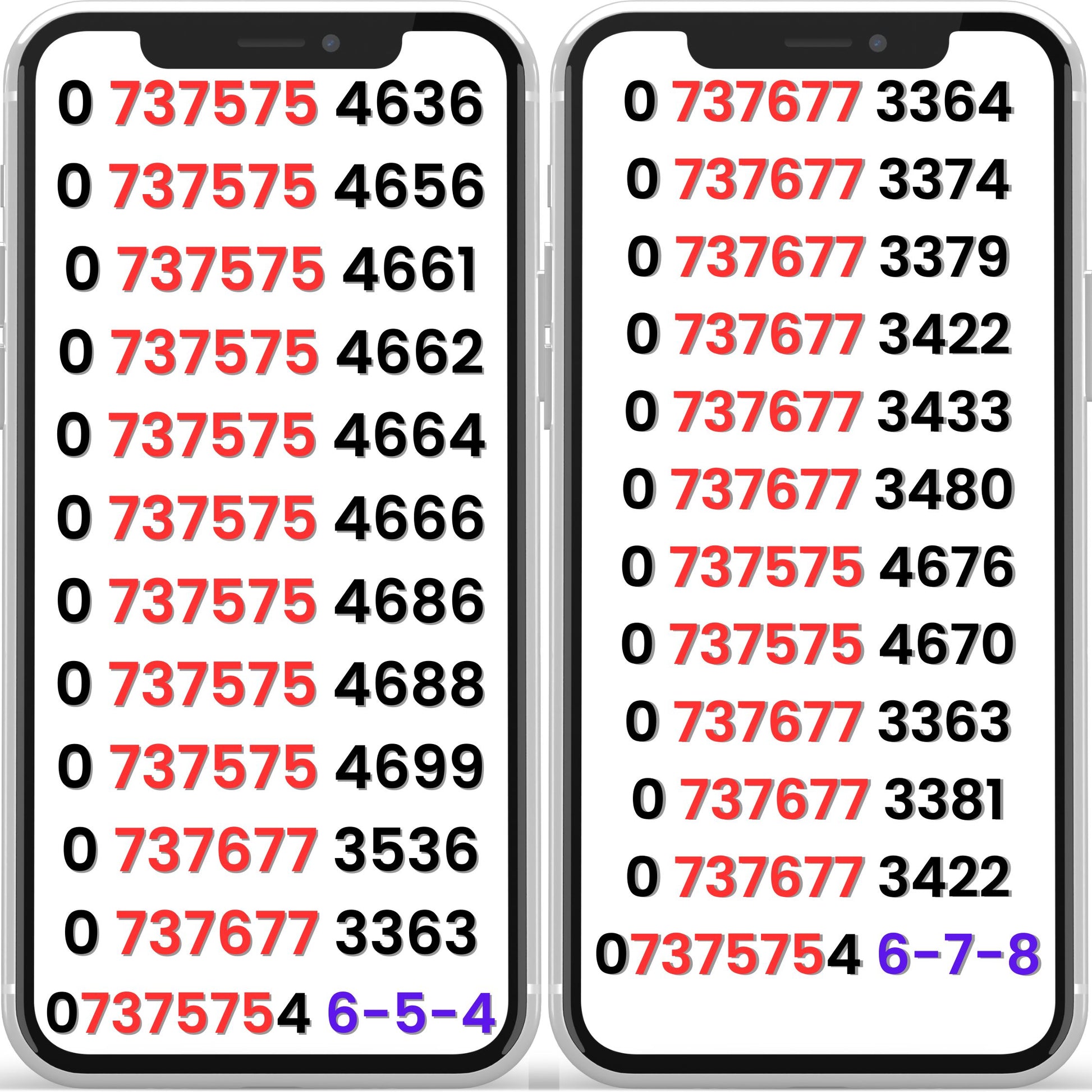 VIP mobile numbers UK series shown on smartphones – gold numbers, transferable Pay As You Go SIM Cards available