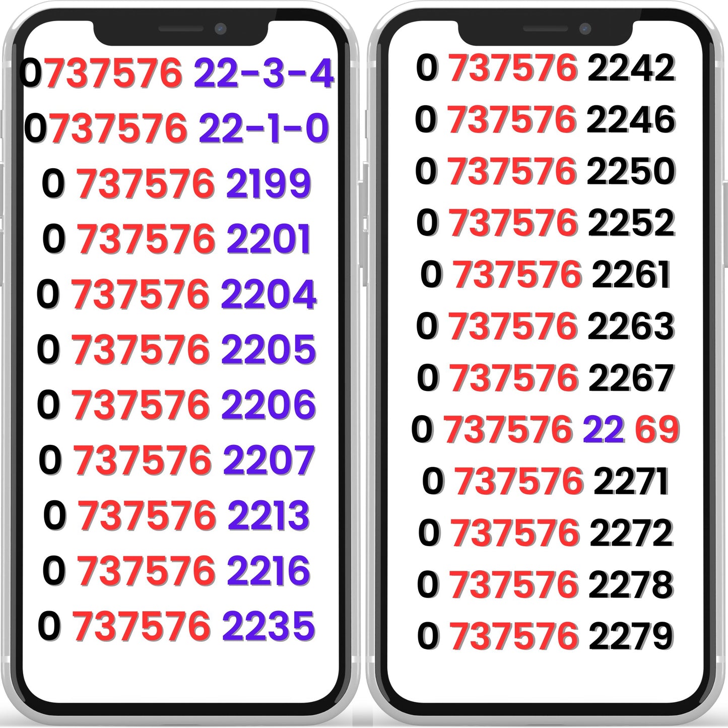 VIP mobile numbers UK starting 0737576 displayed on smartphones – gold pattern Pay As You Go SIM numbers available for sale