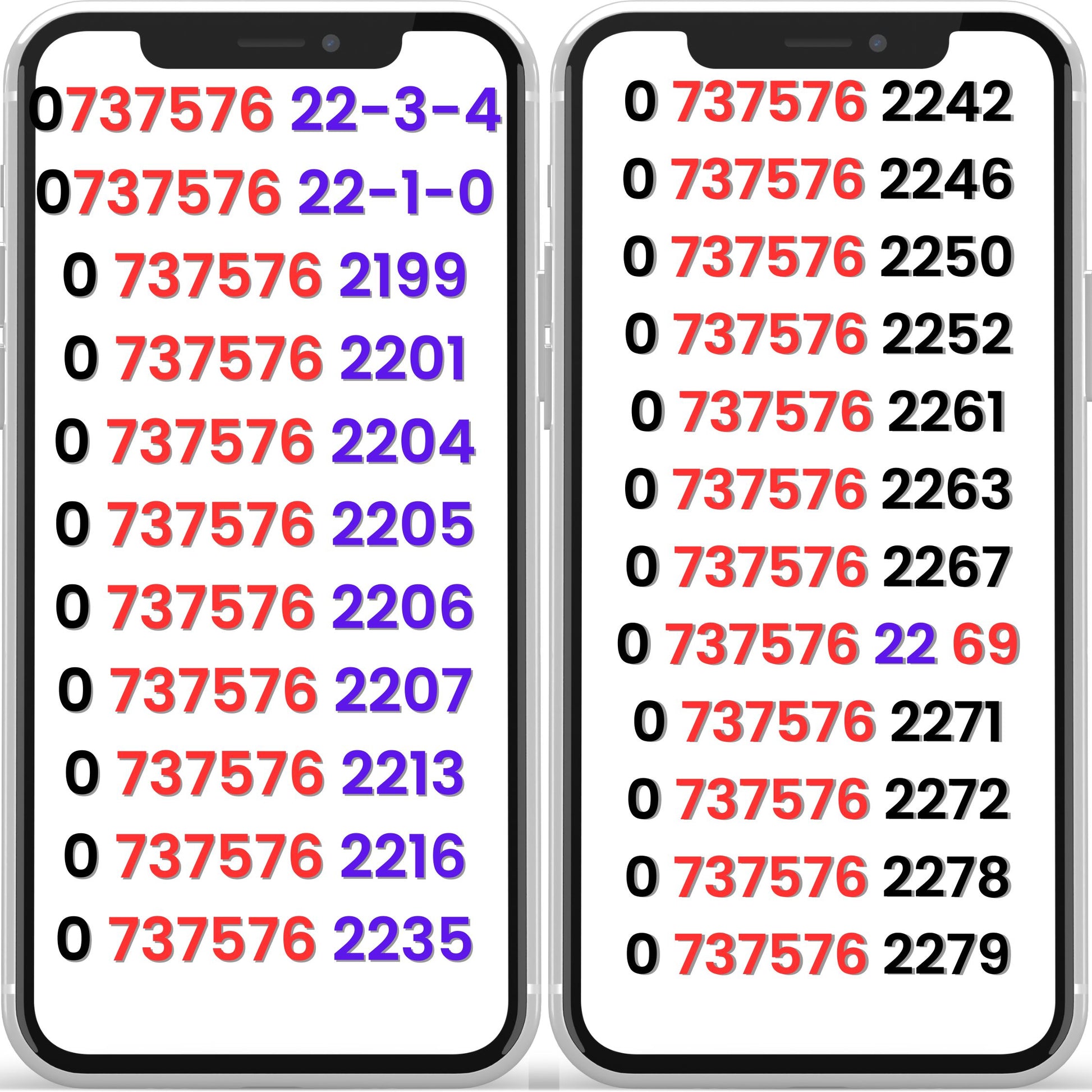 VIP mobile numbers UK starting 0737576 displayed on smartphones – gold pattern Pay As You Go SIM numbers available for sale