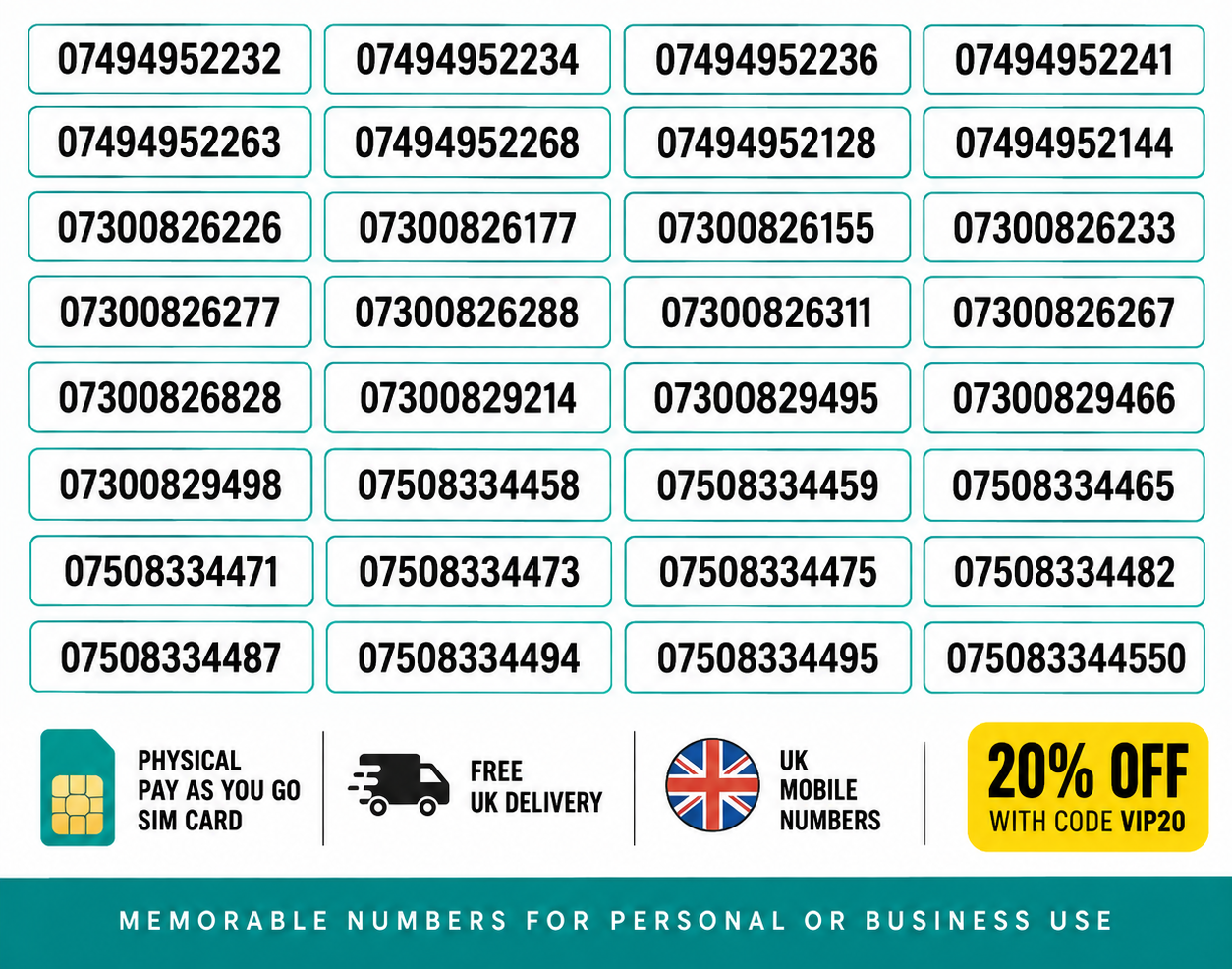 Promotional graphic for vip Mobile Numbers showing a grid of UK mobile phone number options, a UK flag, and a yellow discount badge.