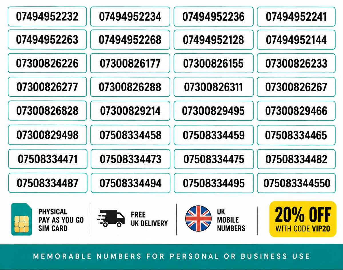 Promotional graphic for vip Mobile Numbers showing a grid of UK mobile phone number options, a UK flag, and a yellow discount badge.