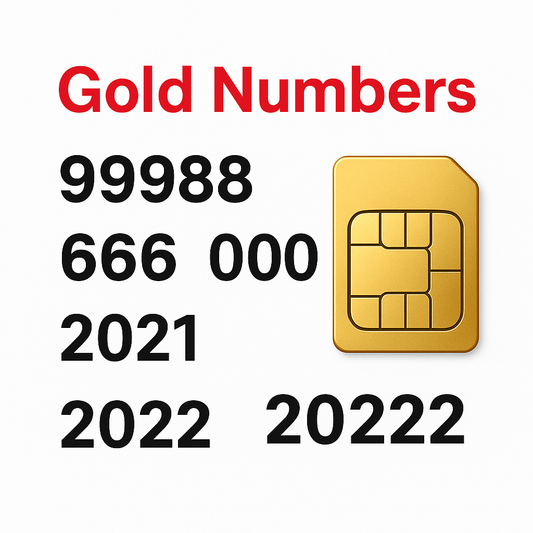 Gold SIM card with text “Gold Numbers” in red and partial VIP number patterns 99988, 0007, 666, 2021, 2022, 00333 on a white background