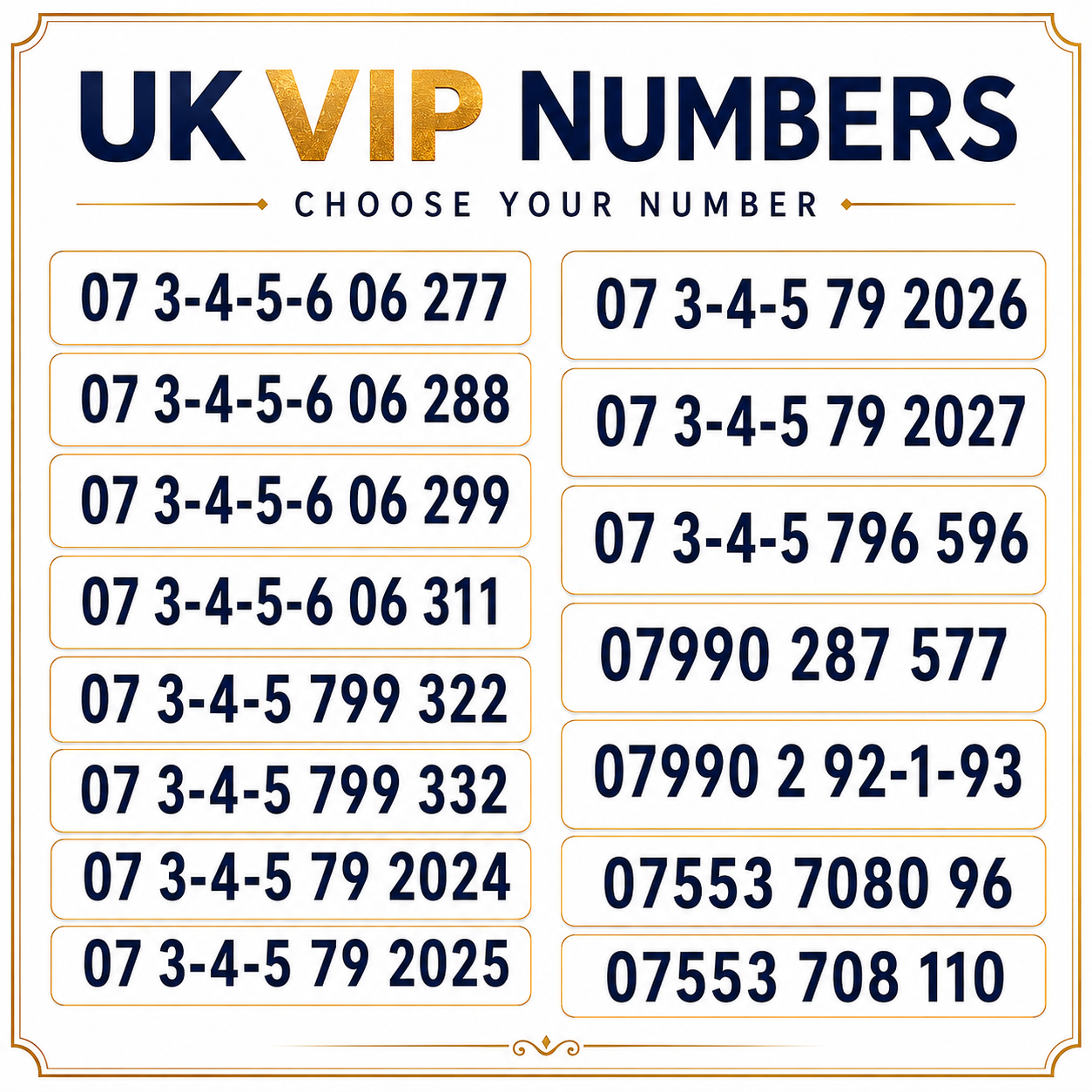 UK gold mobile numbers with 07 3-4-5-6, 07990 and 07553 VIP number choices