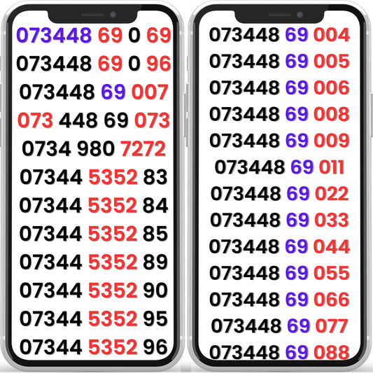 Lebara UK VIP gold mobile numbers list displayed on two smartphones showing repeating patterns and easy to remember VIP phone numbers