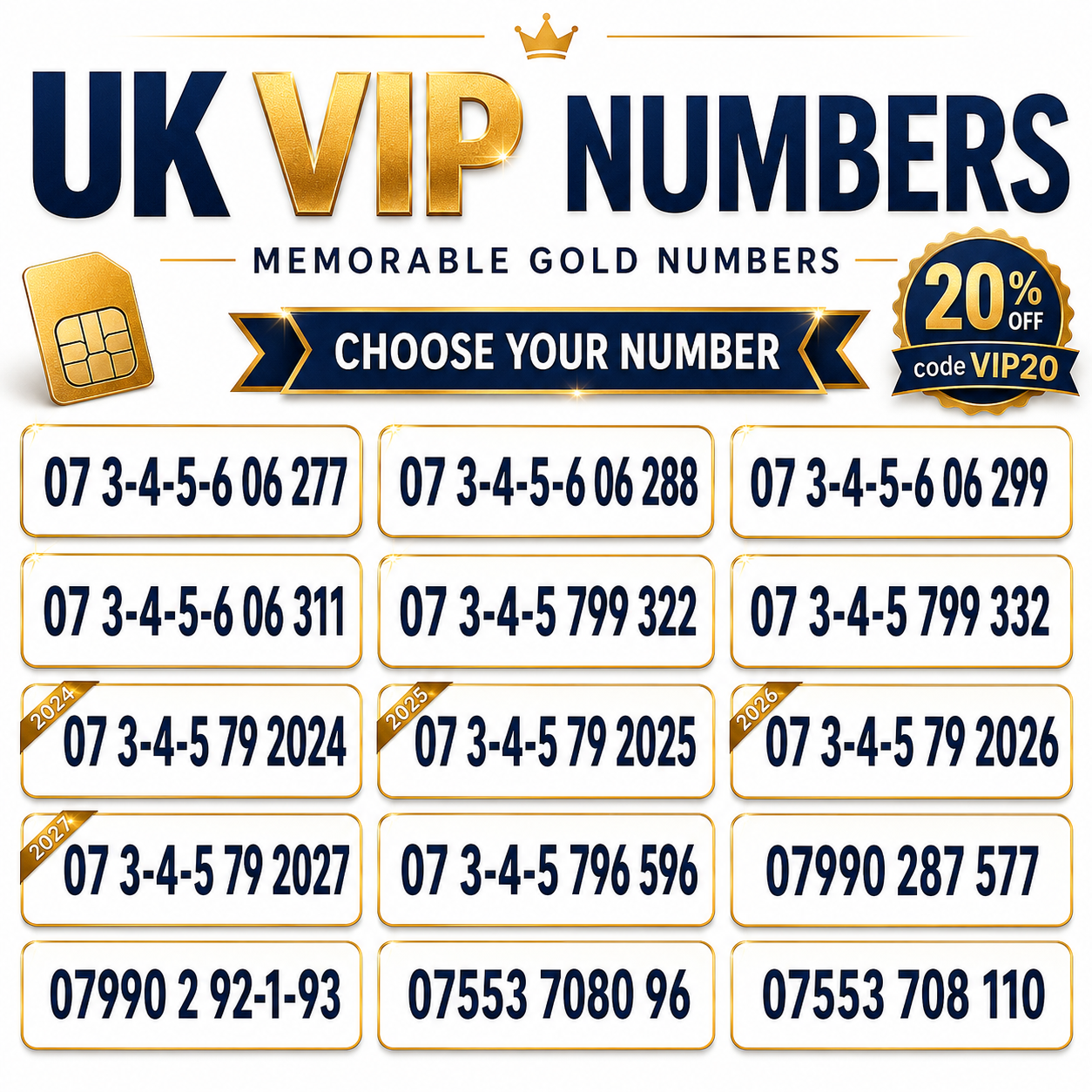 Memorable UK gold numbers, choose your VIP mobile number with VIP20 discount