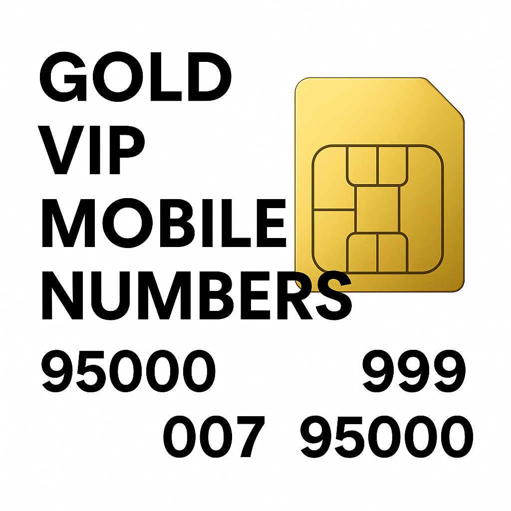 Gold VIP Mobile Numbers UK image with a gold SIM card and bold black text showing partial numbers like 95000, 007, and 999 on a clean white background.