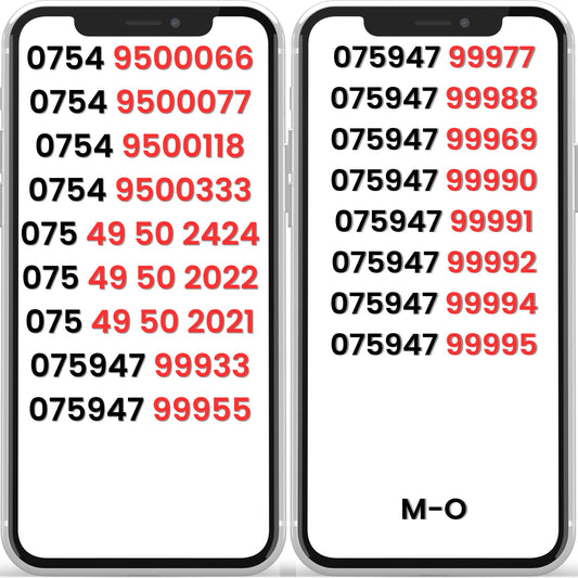 O2 UK VIP mobile numbers and gold numbers list displayed on smartphones