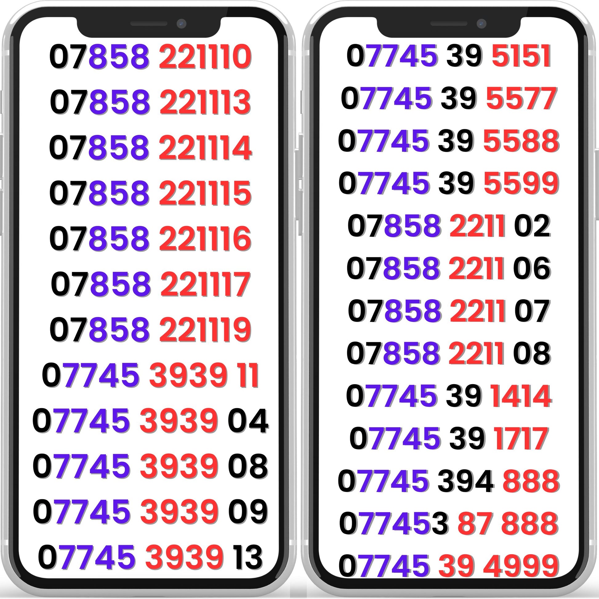 O2 VIP gold mobile numbers list displayed on two smartphones showing memorable UK numbers with repeating patterns like 2211, 3939, 555, 888 and 4999