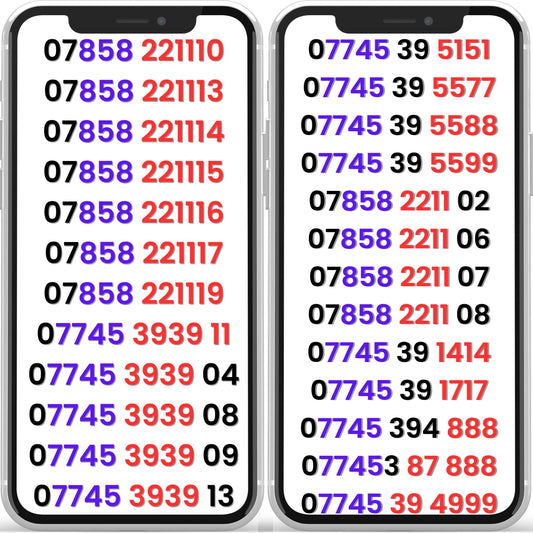 O2 VIP gold mobile numbers list displayed on two smartphones showing memorable UK numbers with repeating patterns like 2211, 3939, 555, 888 and 4999
