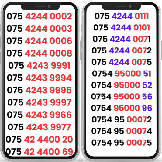 O2 UK VIP mobile numbers list with repeating gold number patterns shown on dual smartphones