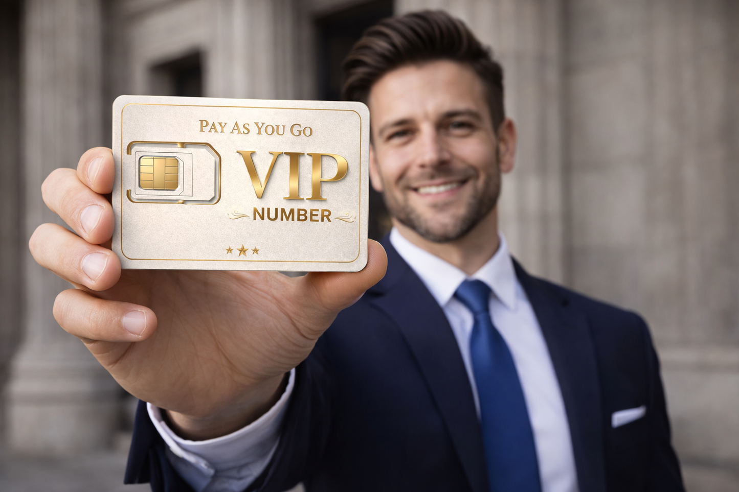 Executive presenting UK gold number payg SIM card – personalised VIP mobile number option for business use