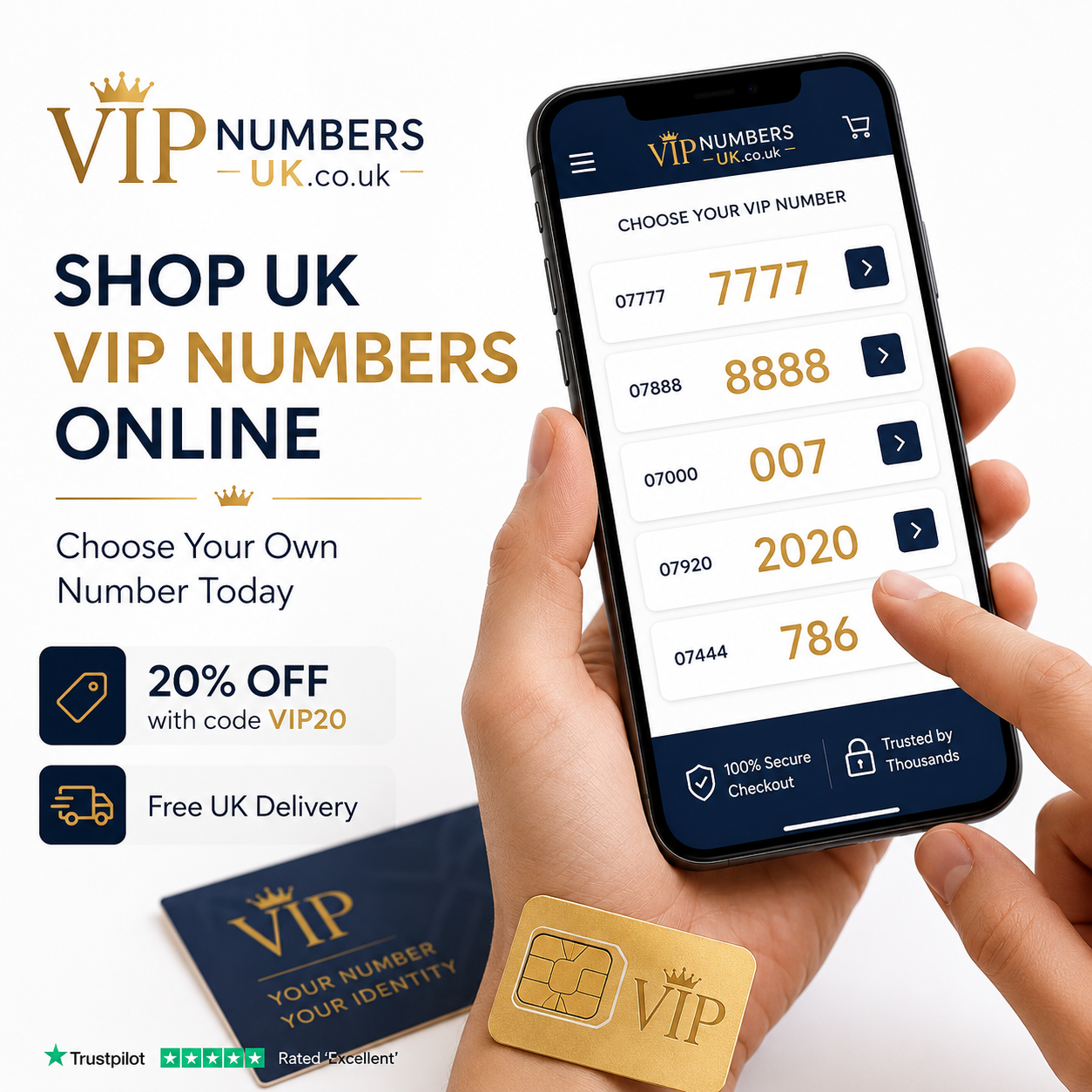 Shop UK VIP numbers online, choose your own gold number with VIP20 discount and free UK delivery