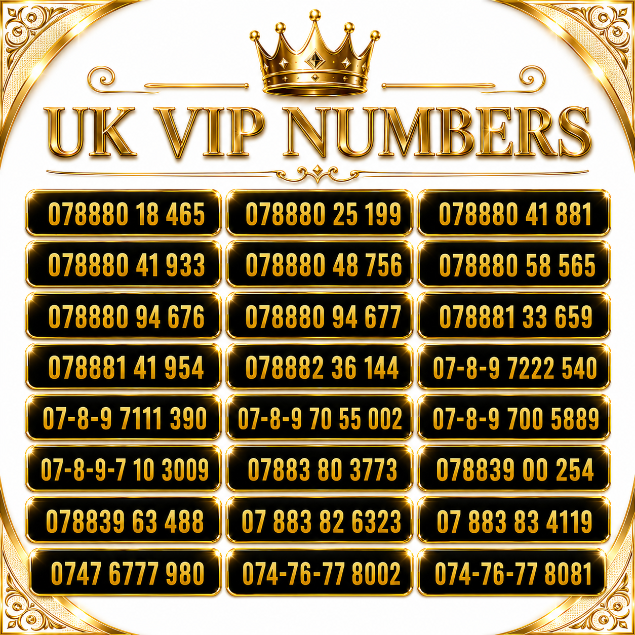SMARTY gold VIP mobile numbers 07888 UK A1-S listing with selected memorable numbers