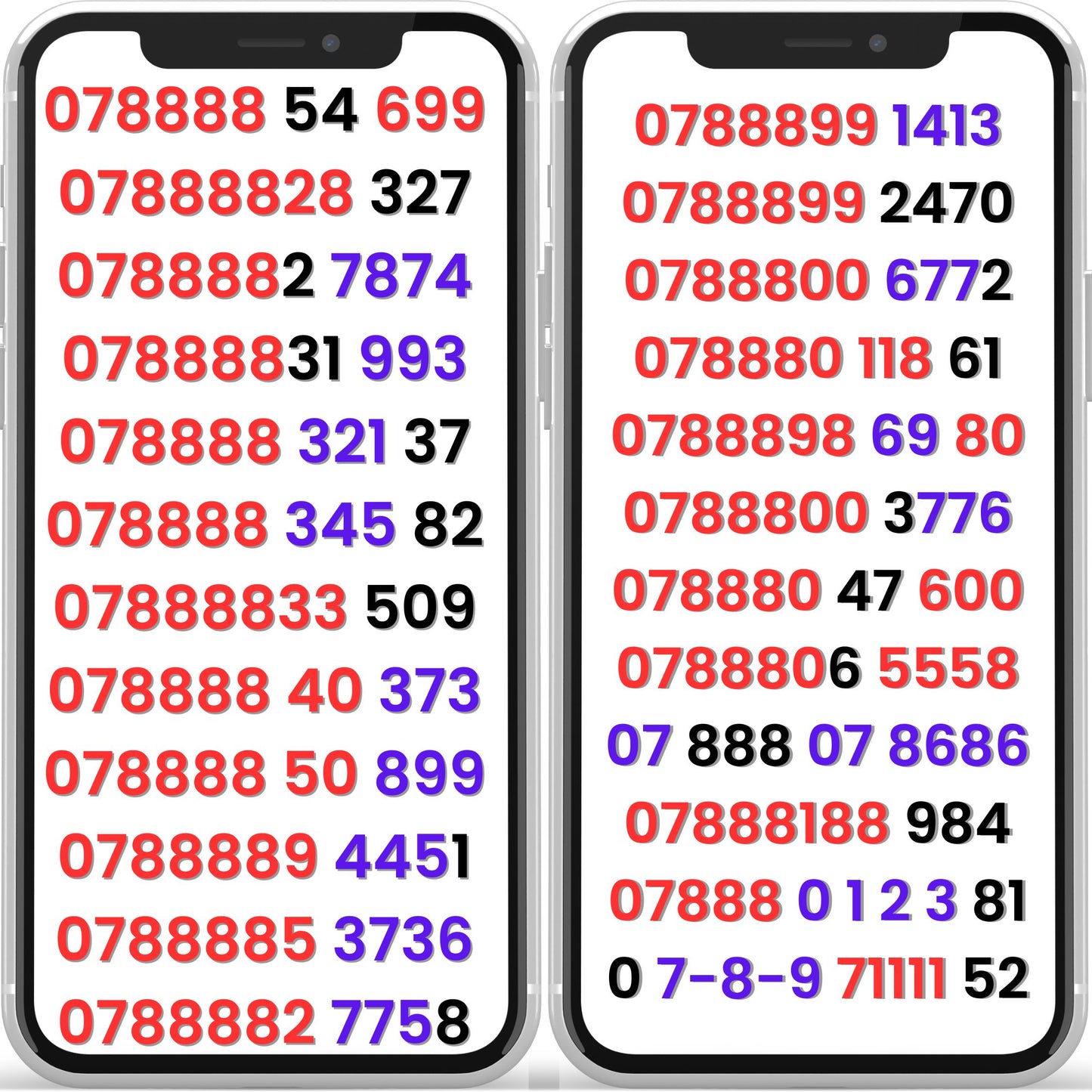 Two smartphones displaying UK gold VIP mobile numbers with repeating patterns 078888, 0788899, 0788800, and 071111 — premium and lucky gold numbers for sale.