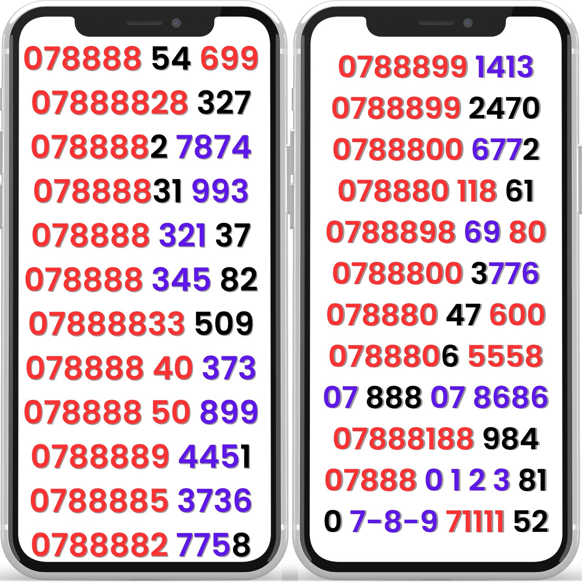 Two smartphones displaying UK gold VIP mobile numbers with repeating patterns 078888, 0788899, 0788800, and 071111 — premium and lucky gold numbers for sale.