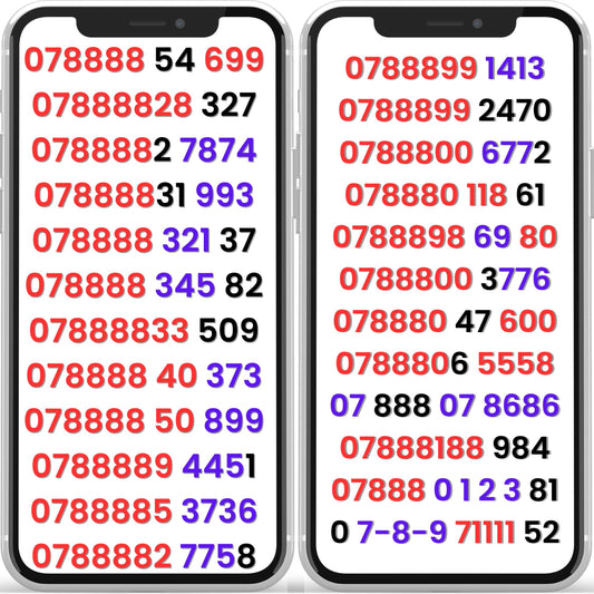 Two smartphones displaying UK gold VIP mobile numbers with repeating patterns 078888, 0788899, 0788800, and 071111 — premium and lucky gold numbers for sale.