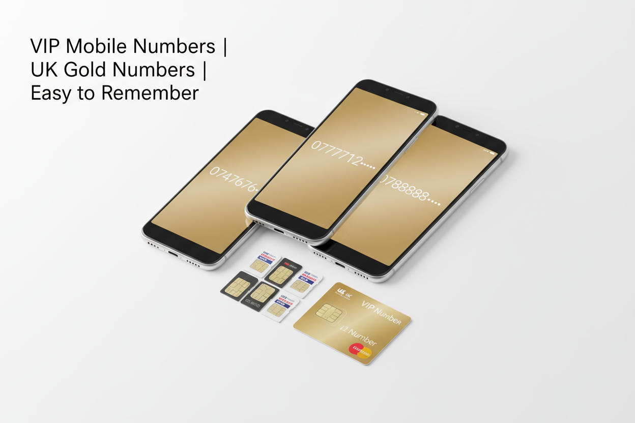 UK SIM phone screens showing  numbers like 0747676•••. on a white background. Include subtle text that says:
“VIP Mobile Numbers | UK Gold Numbers | Easy to Remember