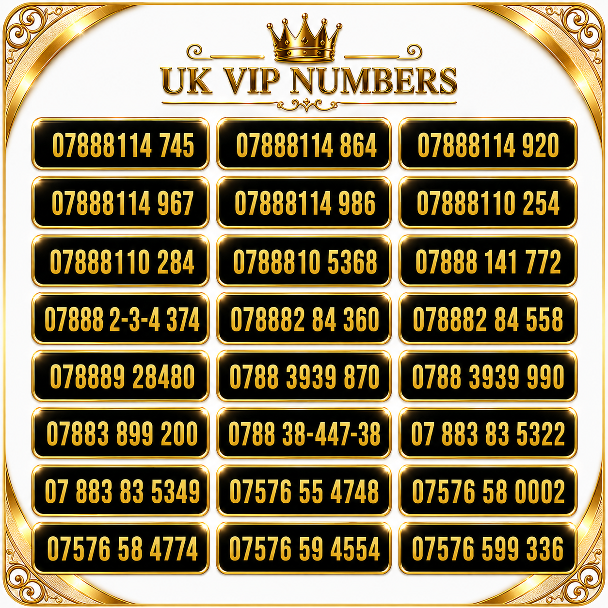 SMARTY VIP mobile numbers UK image showing selected gold and memorable phone numbers