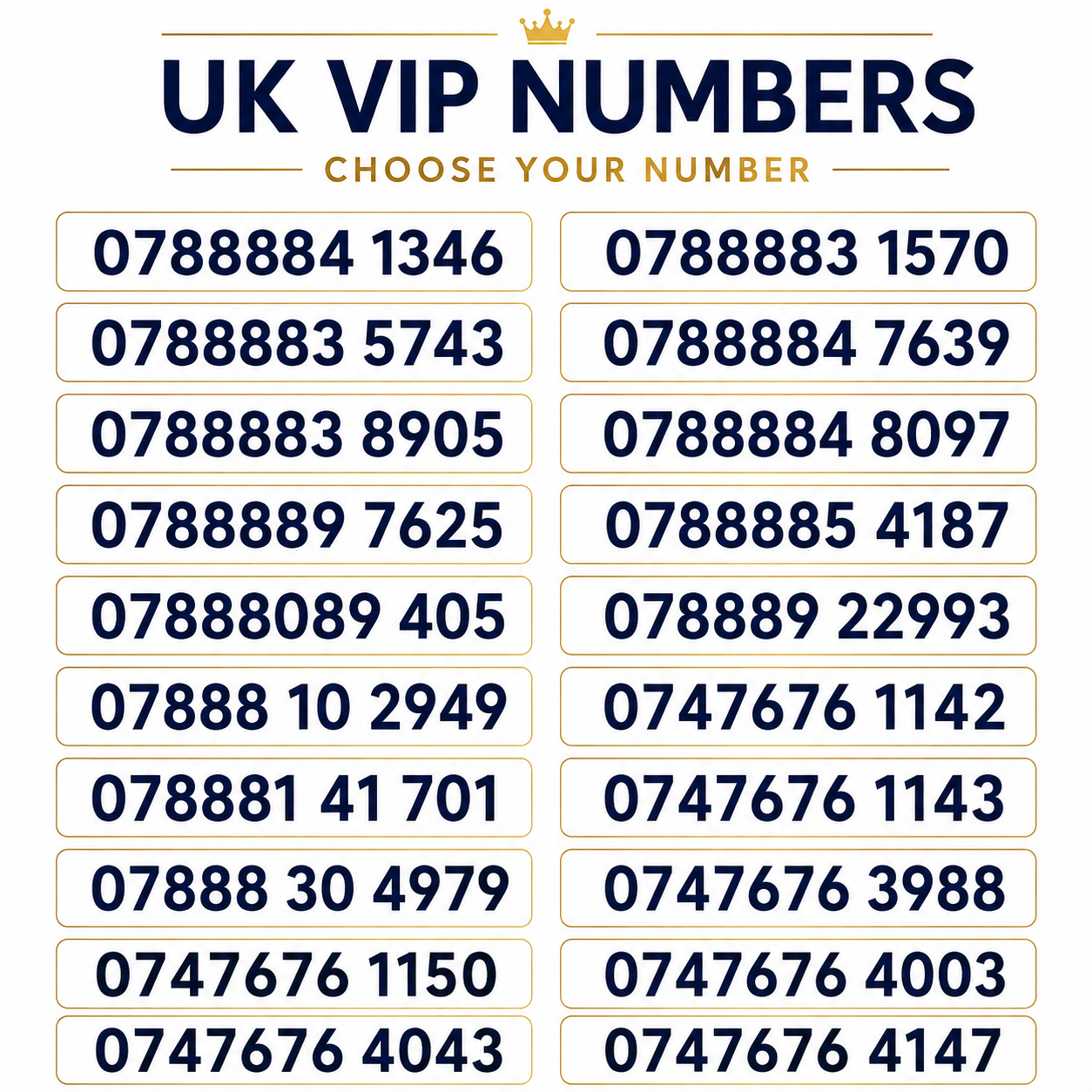 SMARTY VIP numbers featuring 078888 and 0747676 memorable UK mobile number patterns