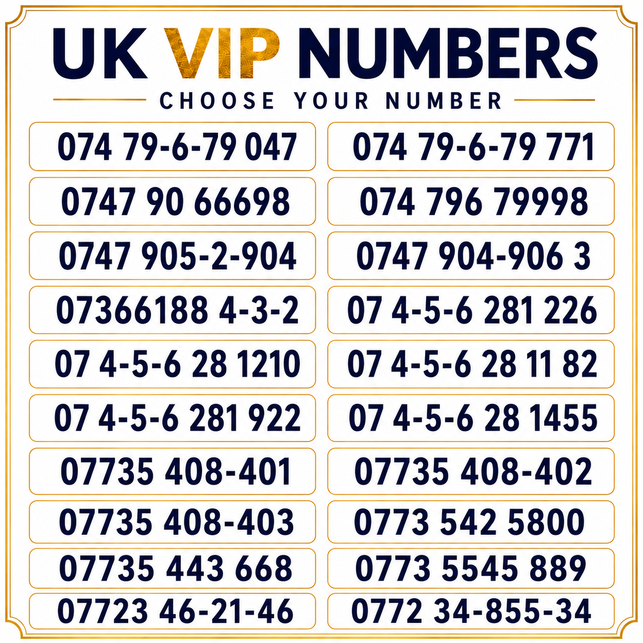 Three gold mobile numbers UK with memorable VIP number choices including 074796 and 07772 patterns