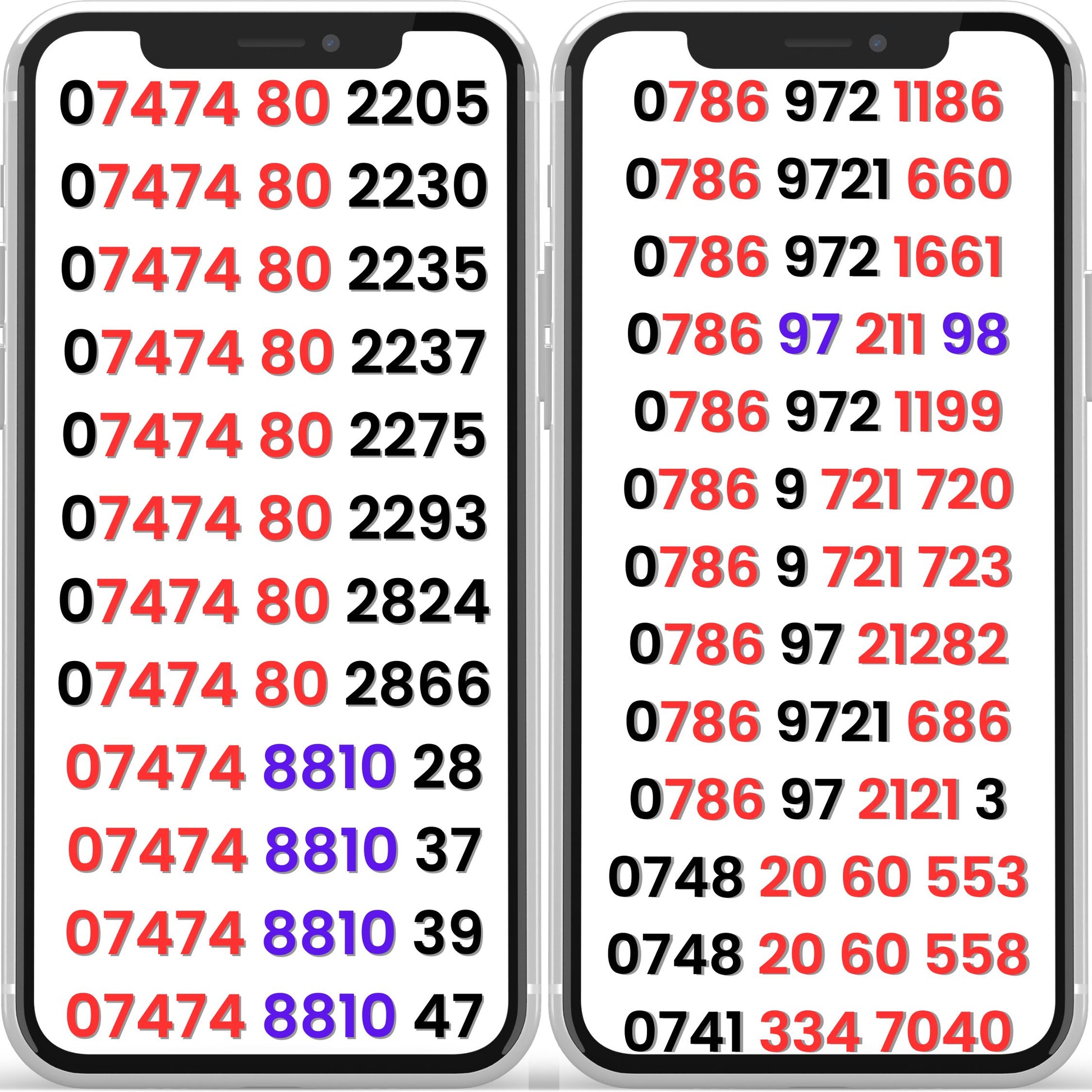 Three UK VIP mobile numbers list displayed on two smartphones showing gold number patterns on PAYG SIM cards.
