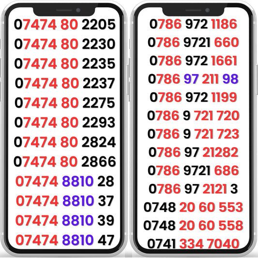 Three UK VIP mobile numbers list displayed on two smartphones showing gold number patterns on PAYG SIM cards.