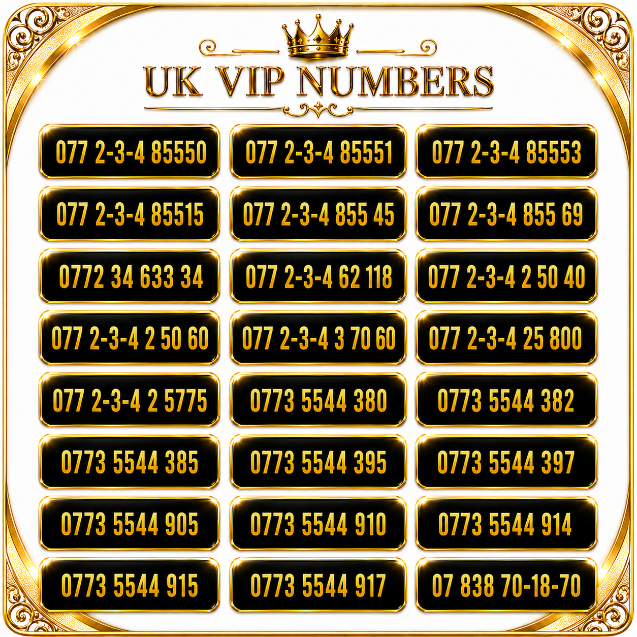 Three VIP mobile numbers UK with 2-3-4 and 5544 memorable gold number patterns
