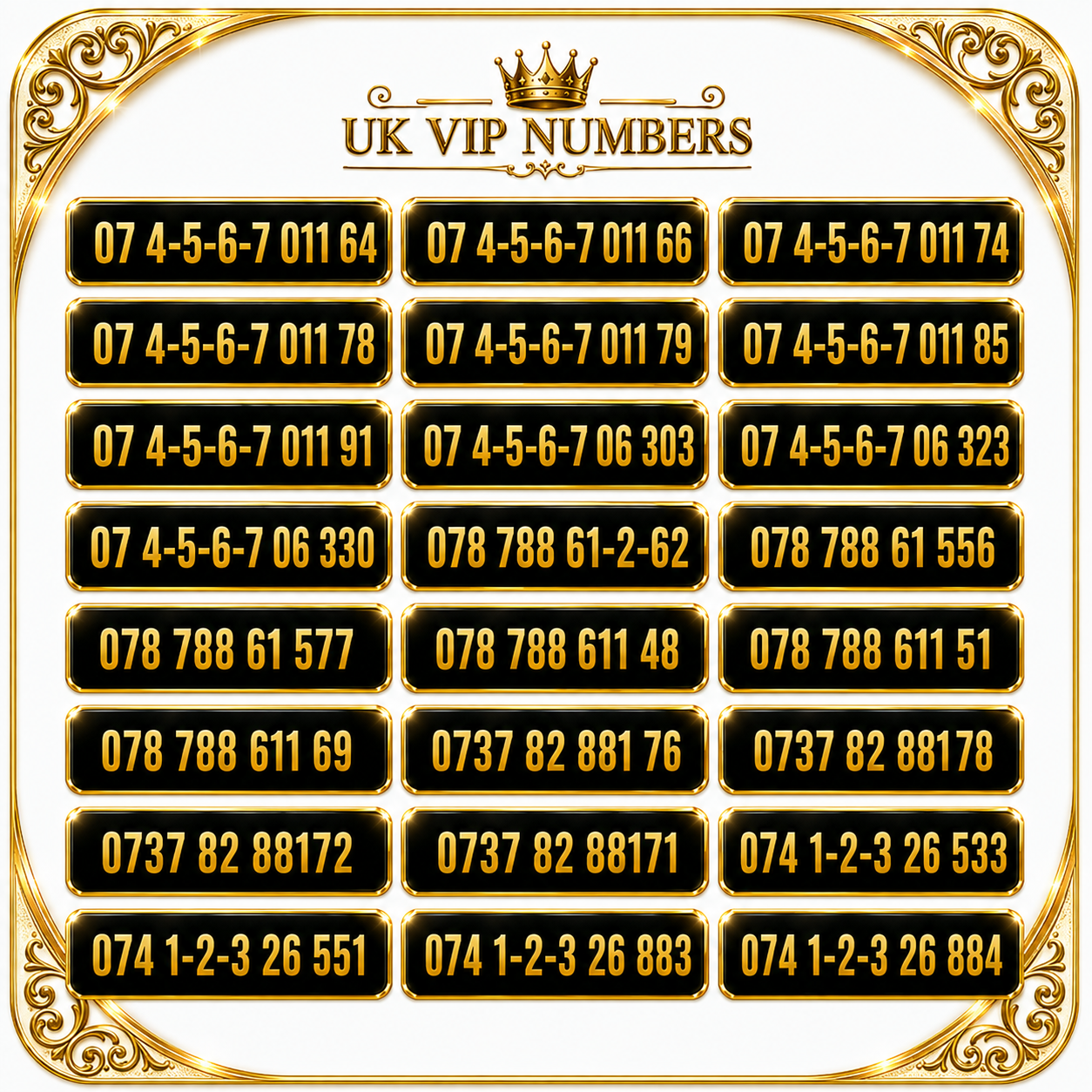 Three VIP mobile numbers UK with sequence and memorable gold number patterns