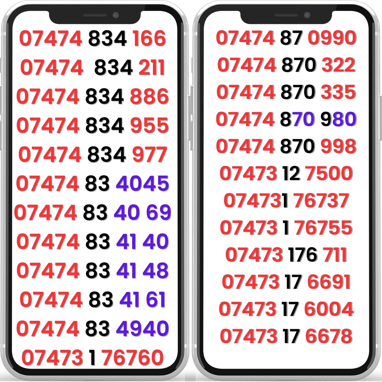 Three VIP mobile numbers UK displayed on smartphones – gold numbers collection.
