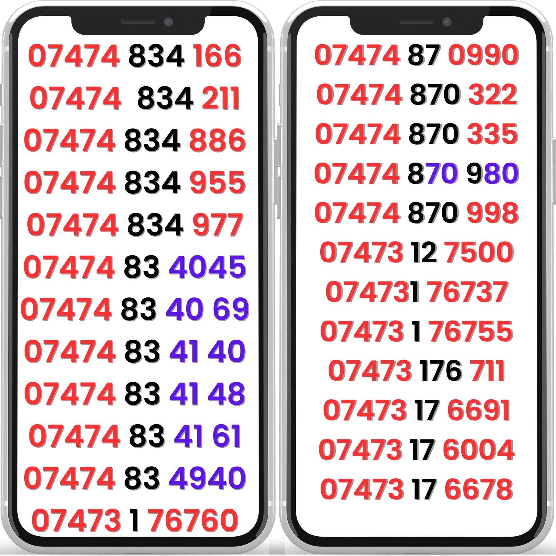 Three VIP mobile numbers UK displayed on smartphones – gold numbers collection.