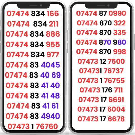 Three VIP mobile numbers UK displayed on smartphones – gold numbers collection.
