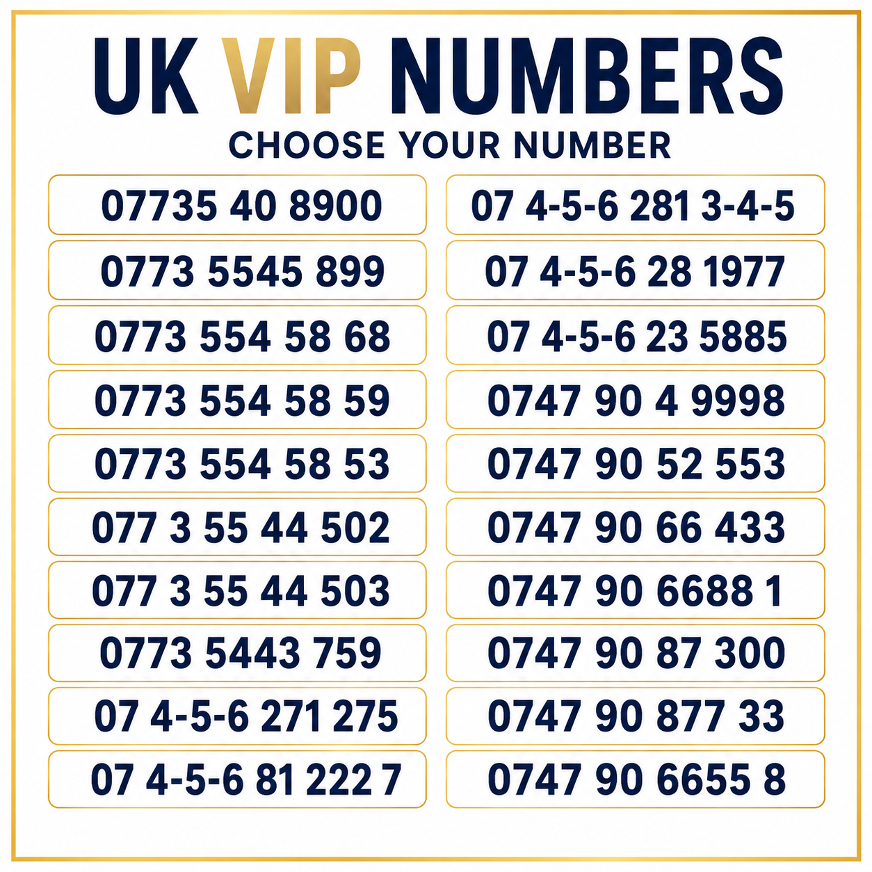 Three UK VIP numbers with 07735, 07 4-5-6 and 0747 memorable gold mobile number options