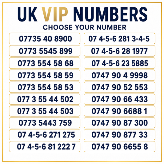 Three UK VIP numbers with 07735, 07 4-5-6 and 0747 memorable gold mobile number options