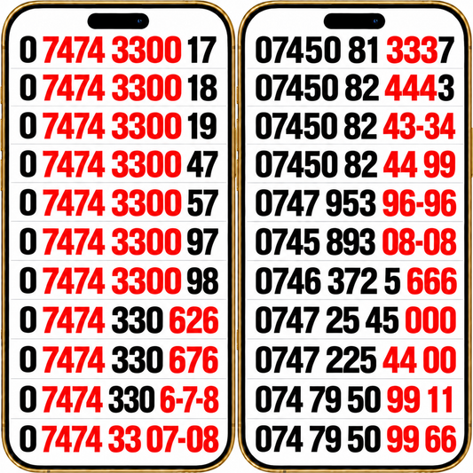 Three VIP mobile numbers in two gold phone frames, with 7474, 3300, 333, 444, 666 and repeating endings 96-96 and 08-08 highlighted in red.
